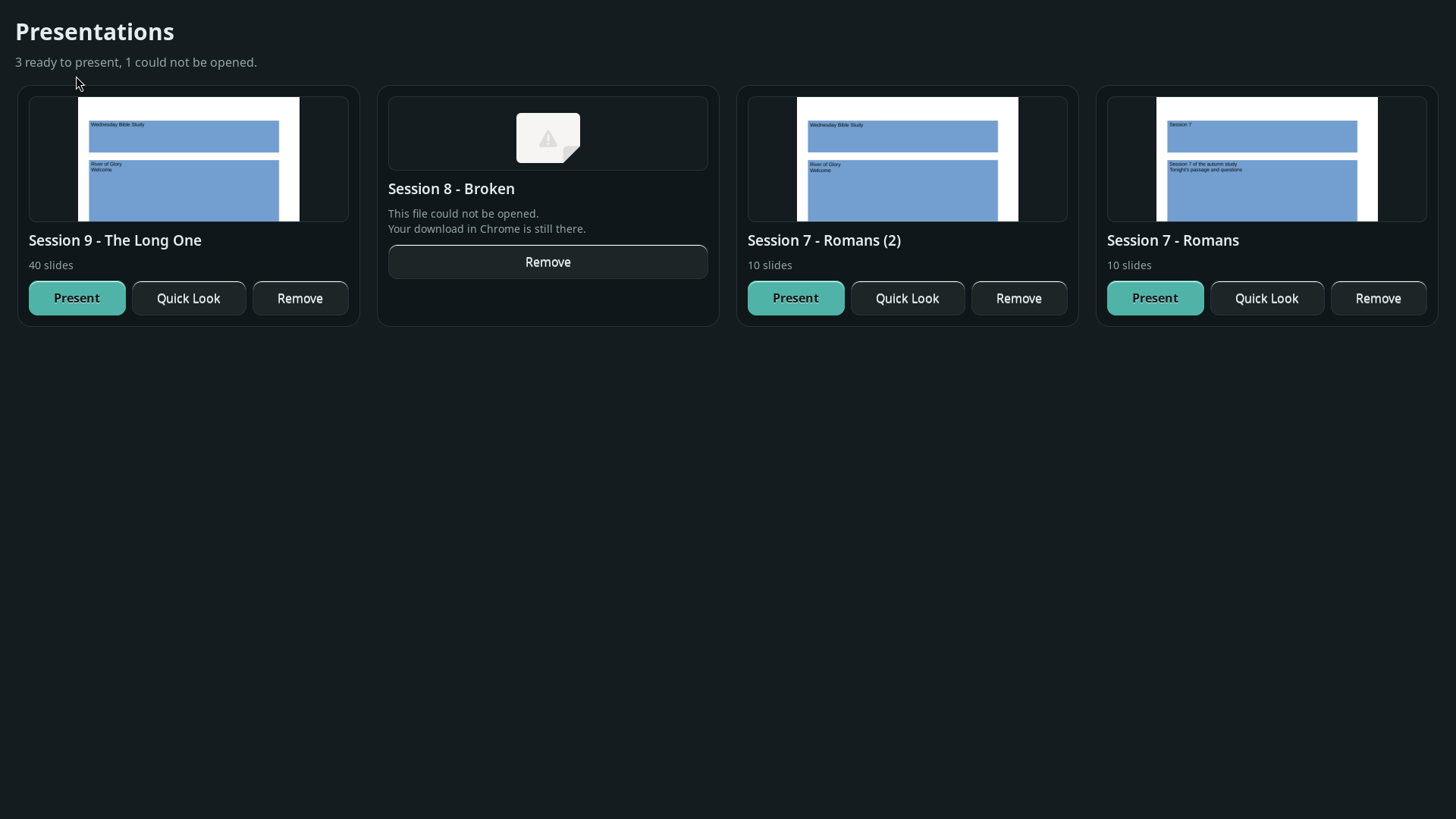 The Presentations library, with a card for each session