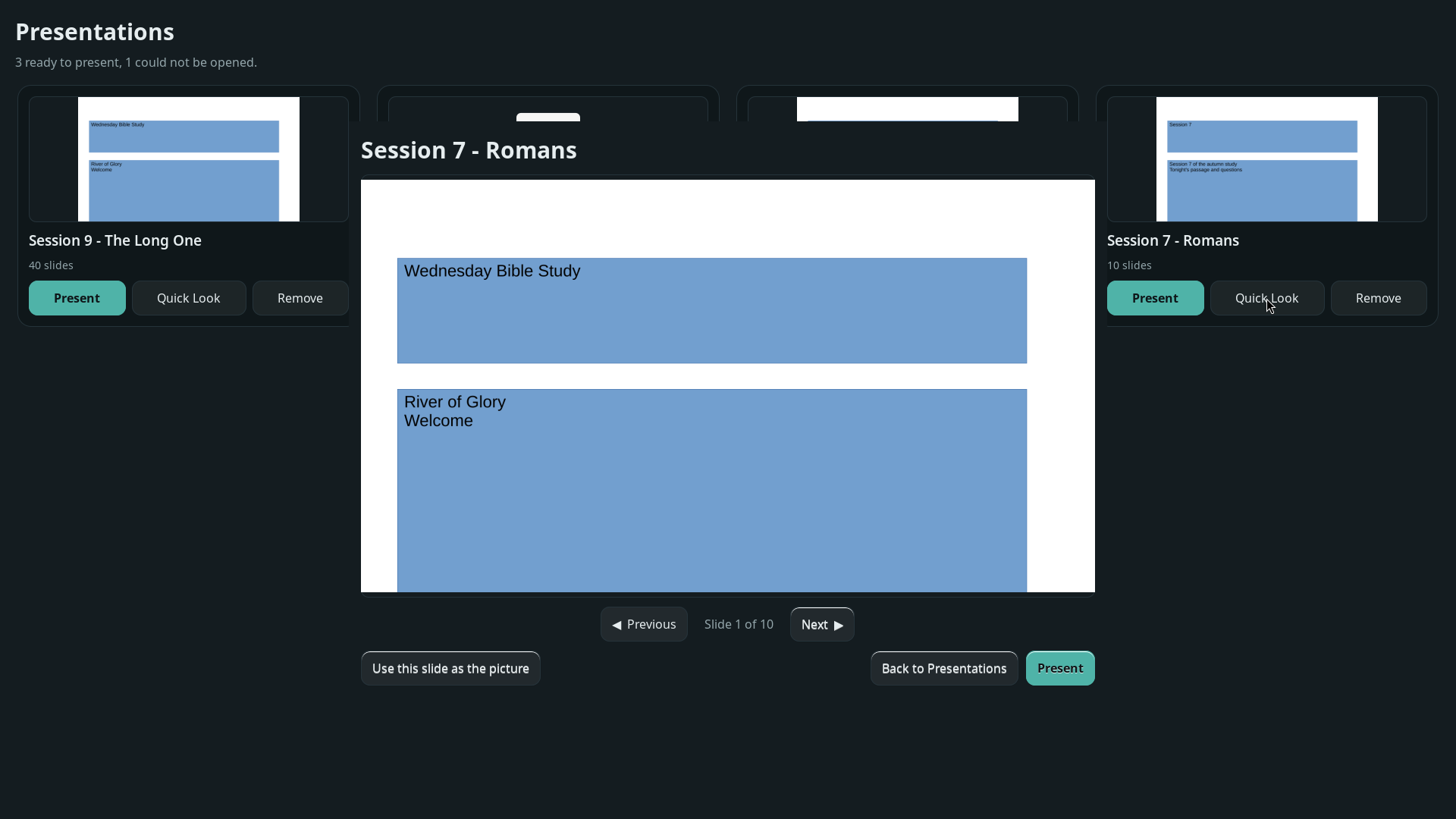 Quick Look, showing one slide with Next and Previous underneath